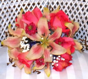 PINK ROSES, DAY LILY AND SCABIOSA BOUQUET  